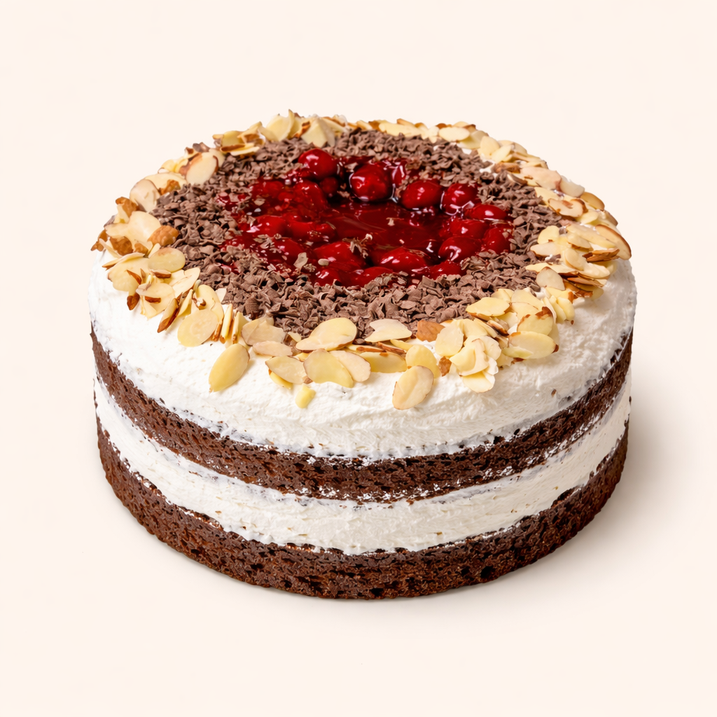 Black Forest Cake — layered with cherries, almonds, and chocolate shavings