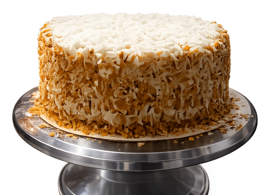 Coquito Cake — white layer cake covered in toasted coconut flakes