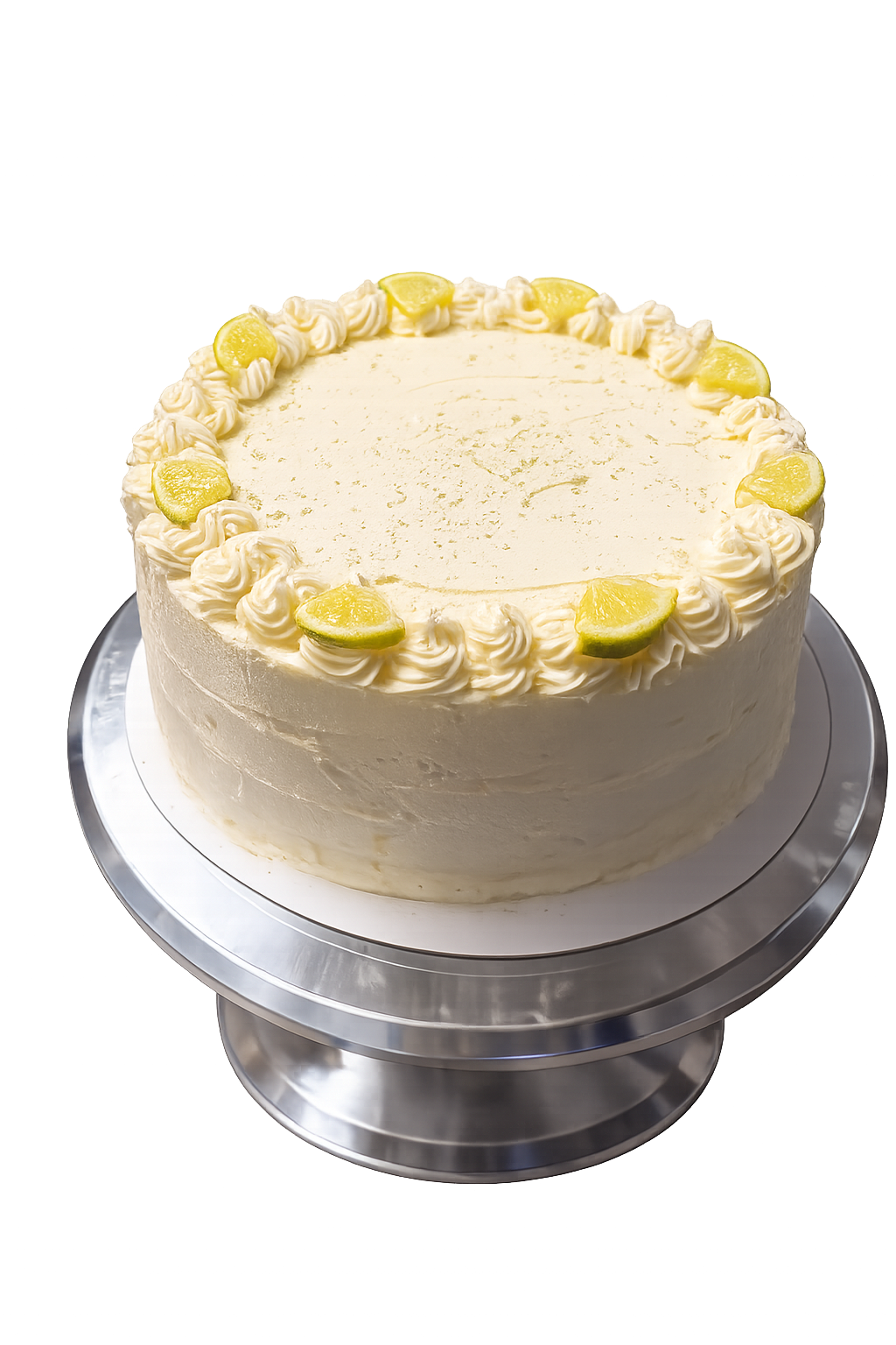 Margarita Cake — white frosted layer cake topped with fresh lime slices